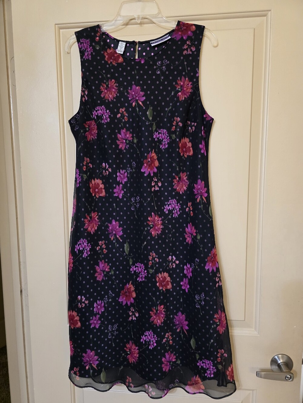 Amanda Smith Chiffon A-Line Sleeveless Floral Polka Dot Lined Dress Womens Sz 14